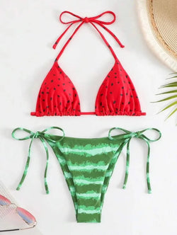 Sexy women cute watermelon print halter string micro bikini sets two pieces swimsuit Swimwear bathing suit beach outfits biquini