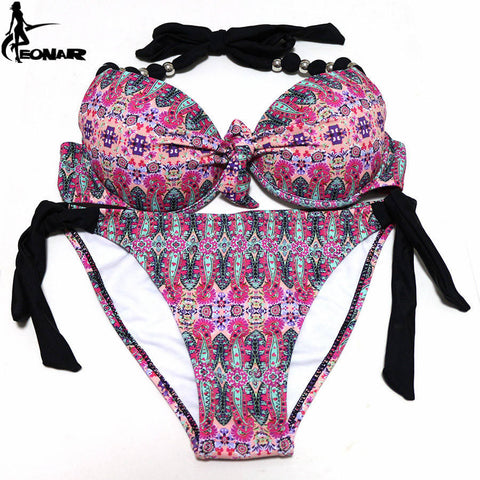 EONAR Print Floral Swimsuits Brazilian Push Up Bikini Set Retro Bathin ...